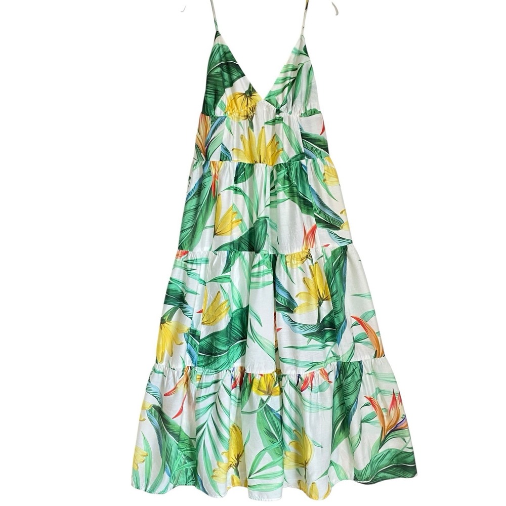 Midi Sundress M Multicolor Tropical Babydoll Spaghetti Straps Tiered Beach